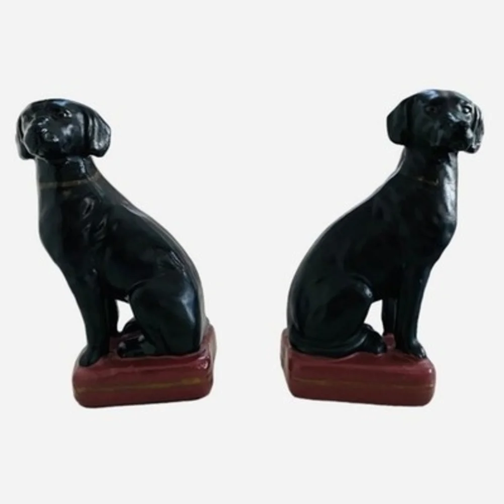 Vintage Black Labrador Retriever Ceramic Bookends 8" Pair Gold Purple Dog Figure - Picture 2 of 5